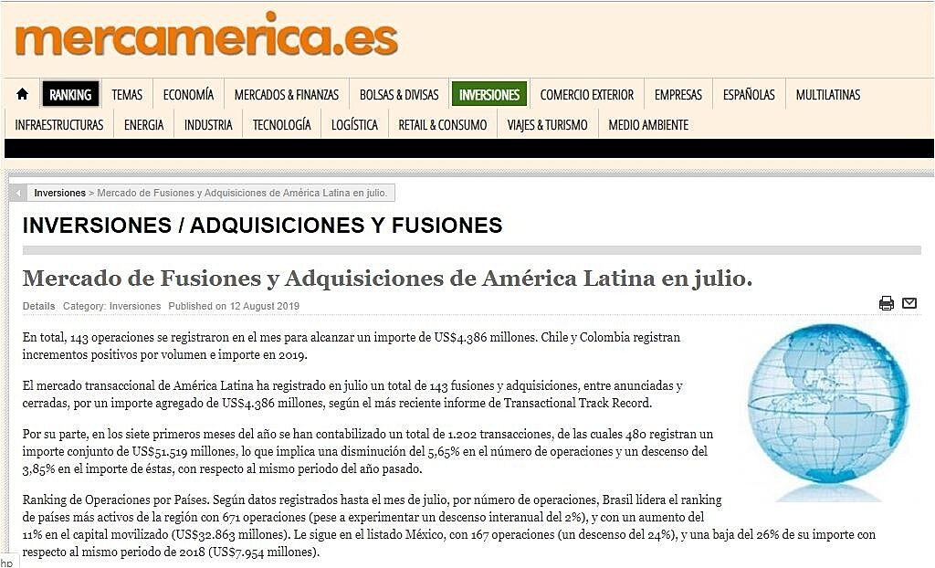 Mercado de Fusiones y Adquisiciones de Amrica Latina en julio